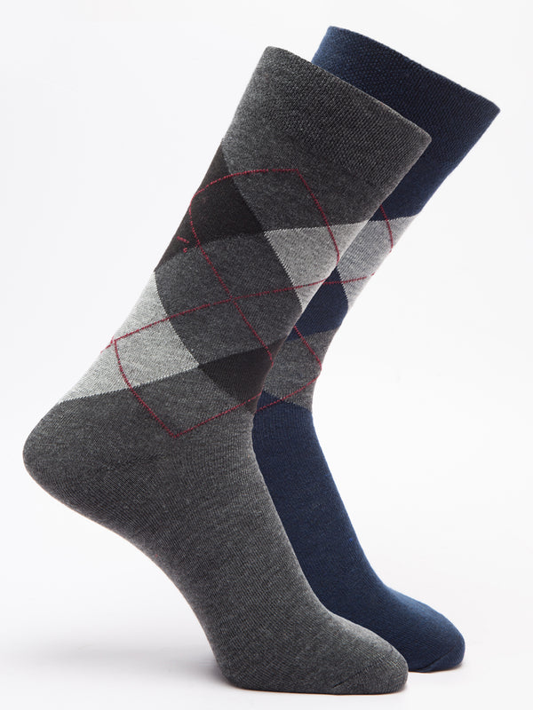 Malana Merino Men's Grey Patterned Calf-Lengh Cotton Socks (Pack of 2) Black,Navy Blue