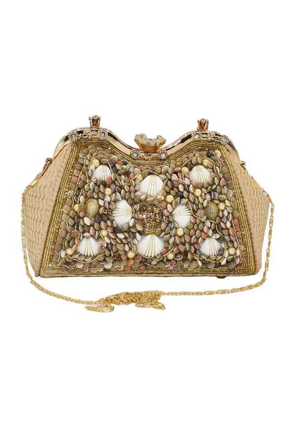 Malana Merino Golden Colour Shell Pearl Beaded Embroidered Clutch with Detachable Sling Bag for Women