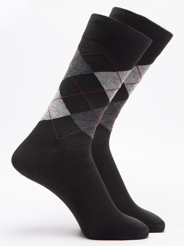 Malana Merino Men's Grey Patterned Calf-Lengh Cotton Socks (Pack of 2) Black