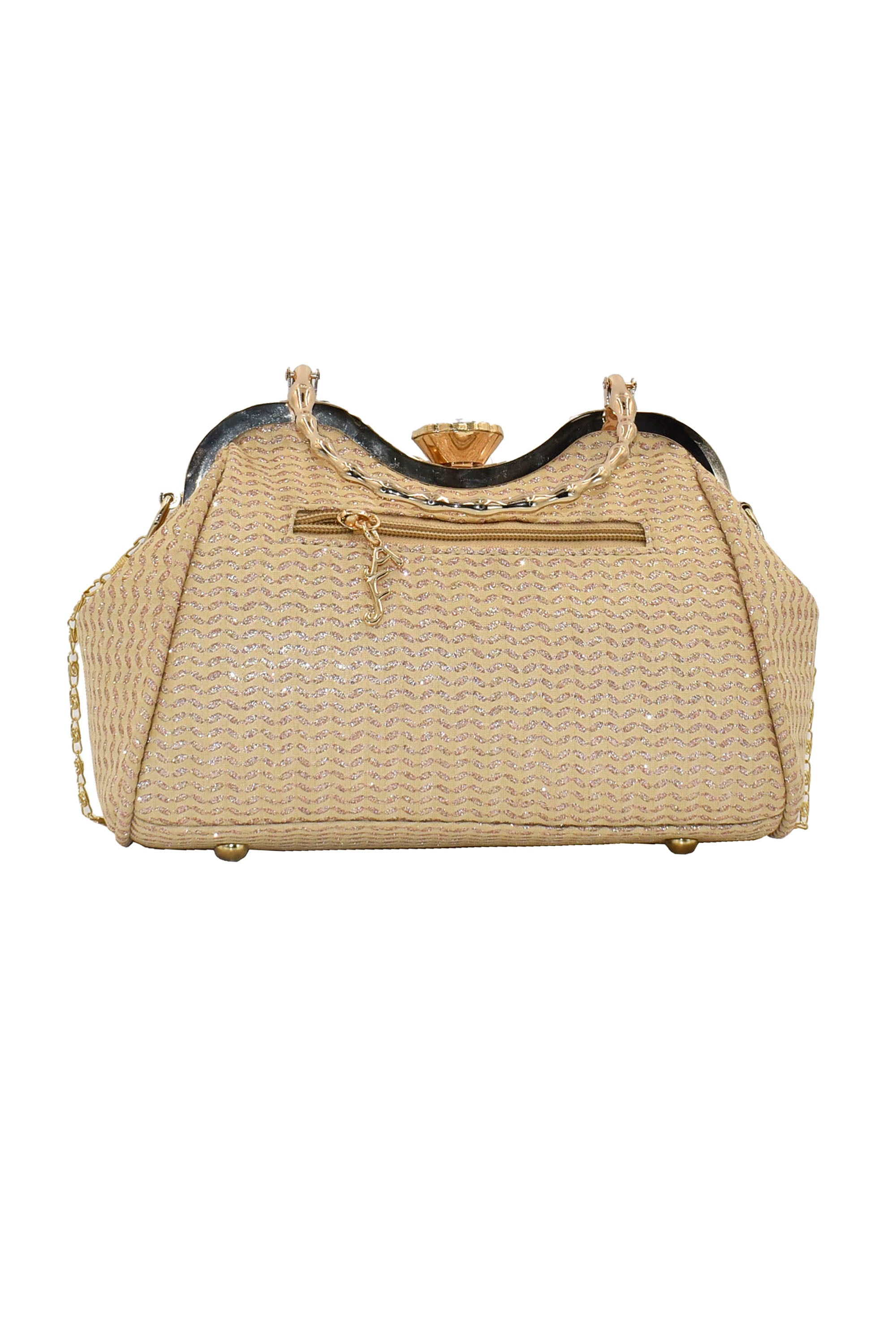 Malana Merino Golden Colour Shell Pearl Beaded Embroidered Clutch with Detachable Sling Bag for Women