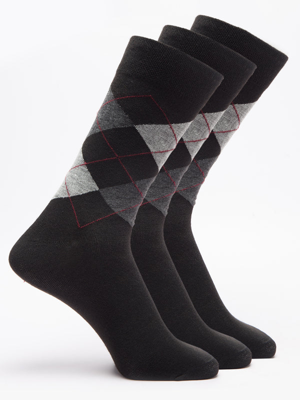 Malana Merino Men's Grey Patterned Calf-Lengh Cotton Socks (Pack of 3) Black