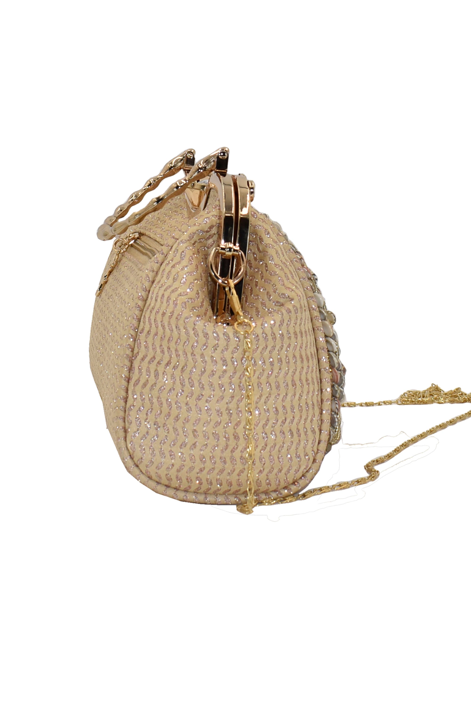 Malana Merino Golden Colour Shell Pearl Beaded Embroidered Clutch with Detachable Sling Bag for Women