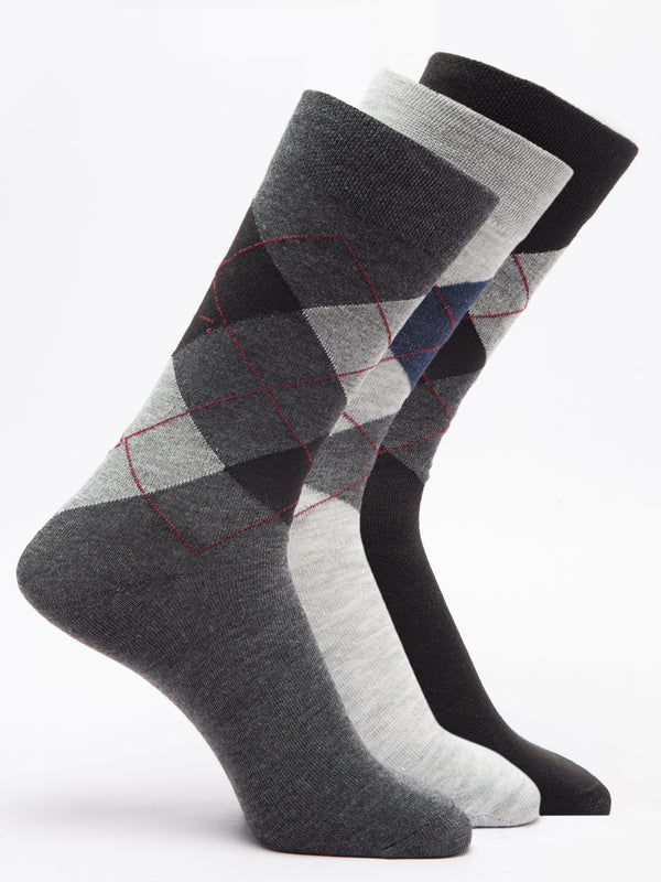 Malana Merino Men's Grey Patterned Calf-Lengh Cotton Socks (Pack of 3) Black,Dark Grey,Grey
