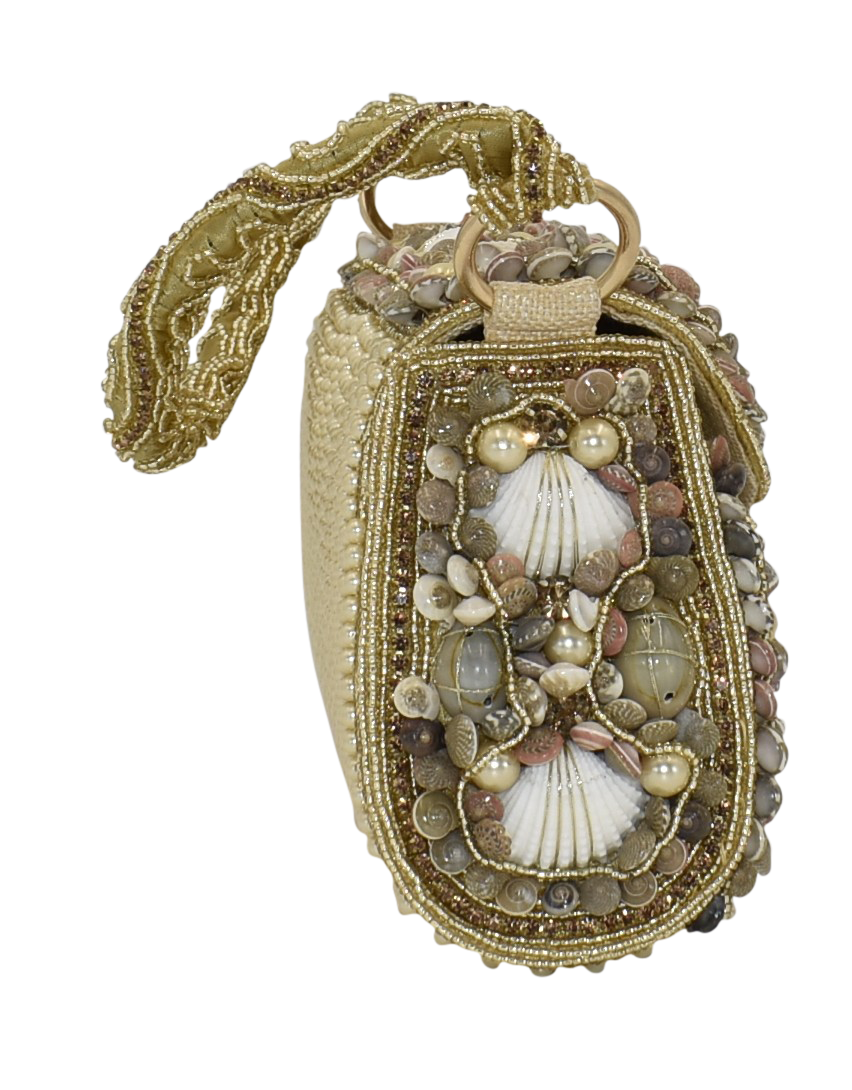 Malana Merino Shell Pearl Beaded Embroidered Clutch with Detachable Sling Bag for Women