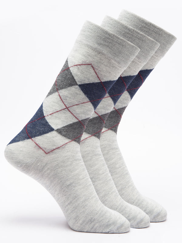 Malana Merino Men's Grey Patterned Calf-Lengh Cotton Socks (Pack of 3) Grey