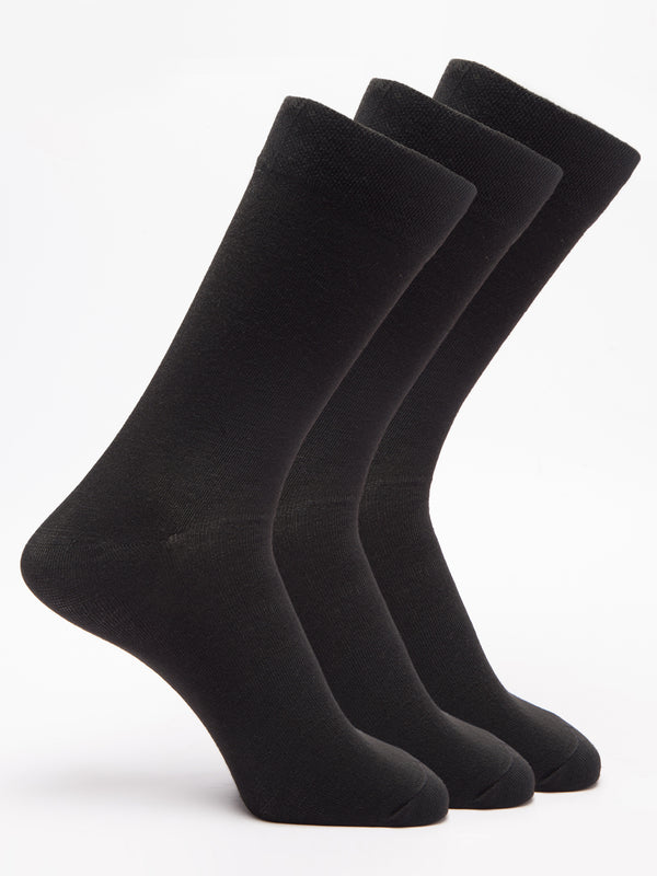 Malana Merino Men's Plane Calf-Lengh Cotton Socks (Pack of 3) Black