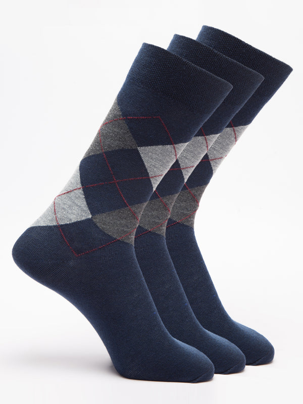 Malana Merino Men's Grey Patterned Calf-Lengh Cotton Socks (Pack of 3) Navy Blue