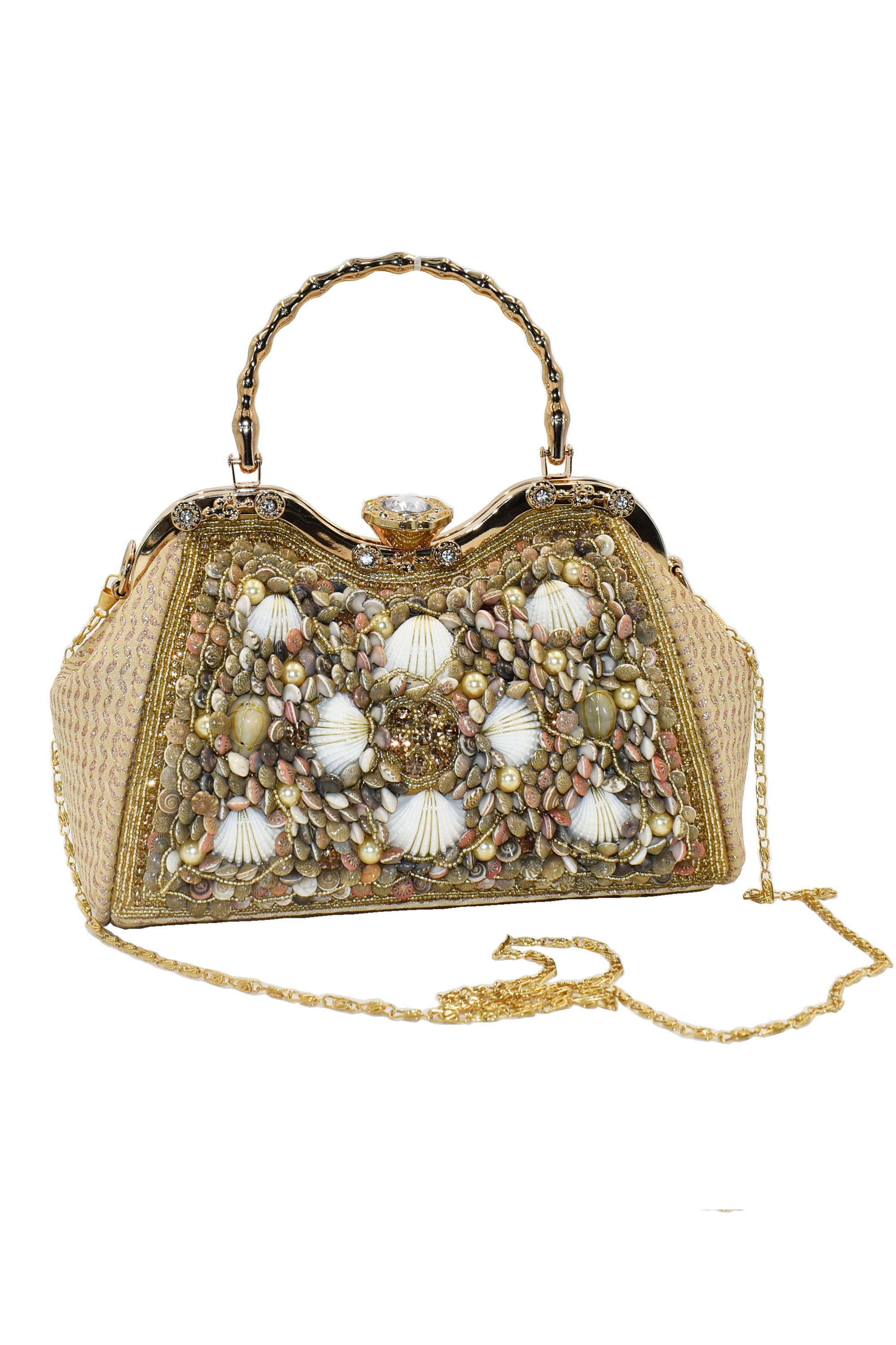 Malana Merino Golden Colour Shell Pearl Beaded Embroidered Clutch with Detachable Sling Bag for Women