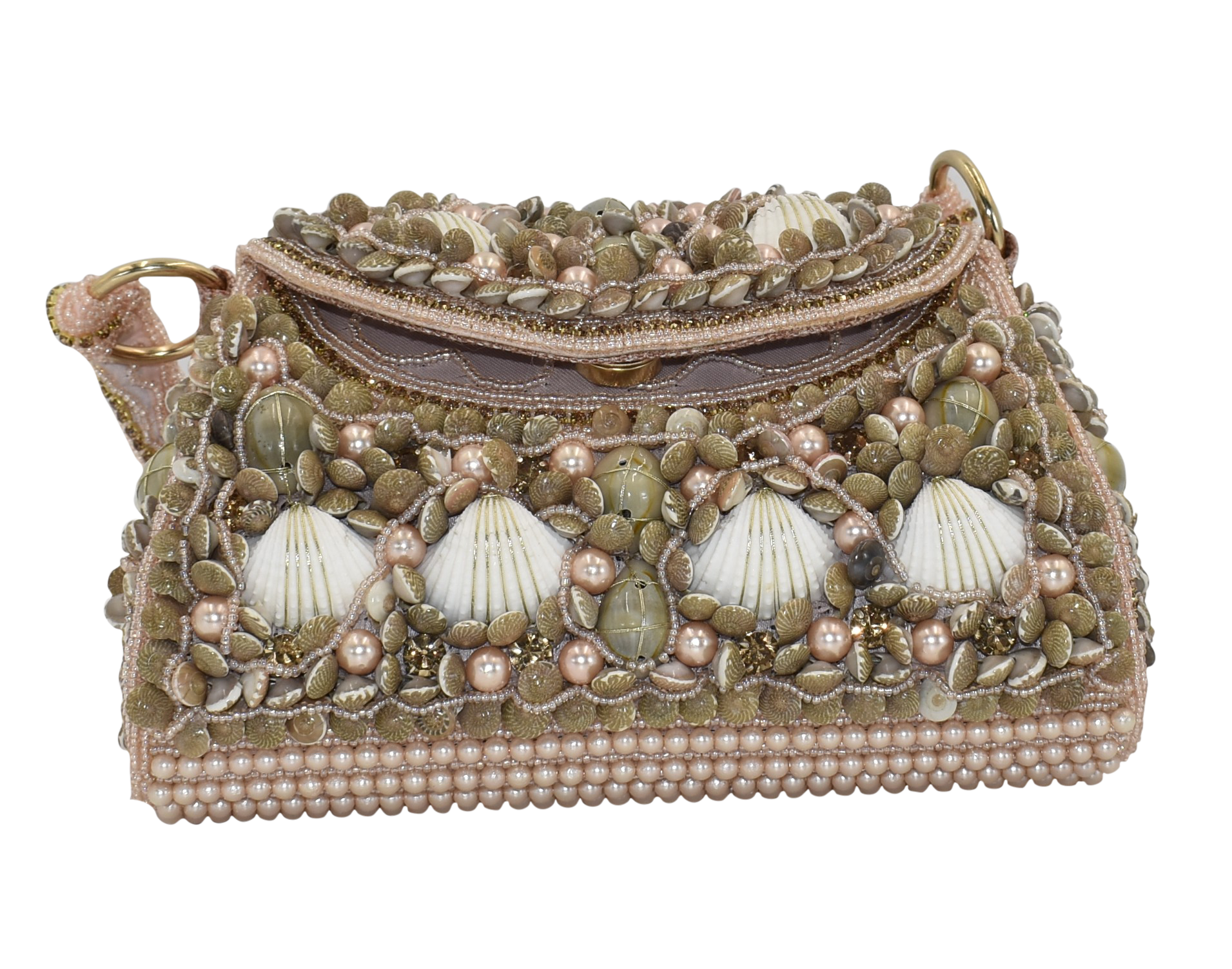 Malana Merino Shell Pearl Beaded Embroidered Clutch with Detachable Sling Bag for Women