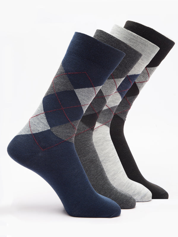 Malana Merino Men's Grey Patterned Calf-Lengh Cotton Socks (Pack of 4) Black,Dark Grey,Grey,Blue
