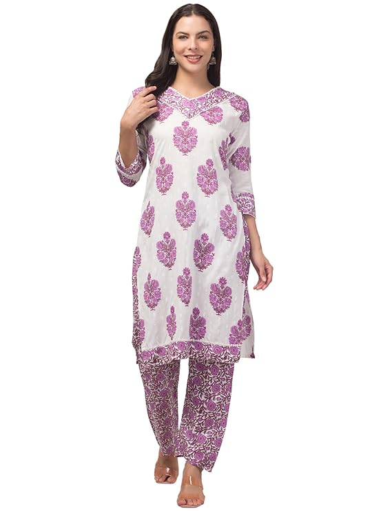 Malana Merino Girl/Women's Cotton Floral Print V - Neck 3 Pc Kurta Set (Demo)