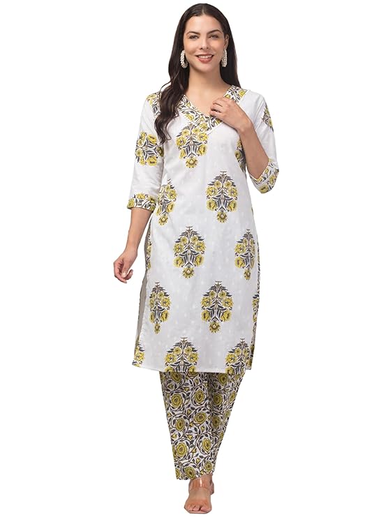 Malana Merino Girl/Women's Cotton Floral Print V - Neck 3 Pc Kurta Set (Demo)