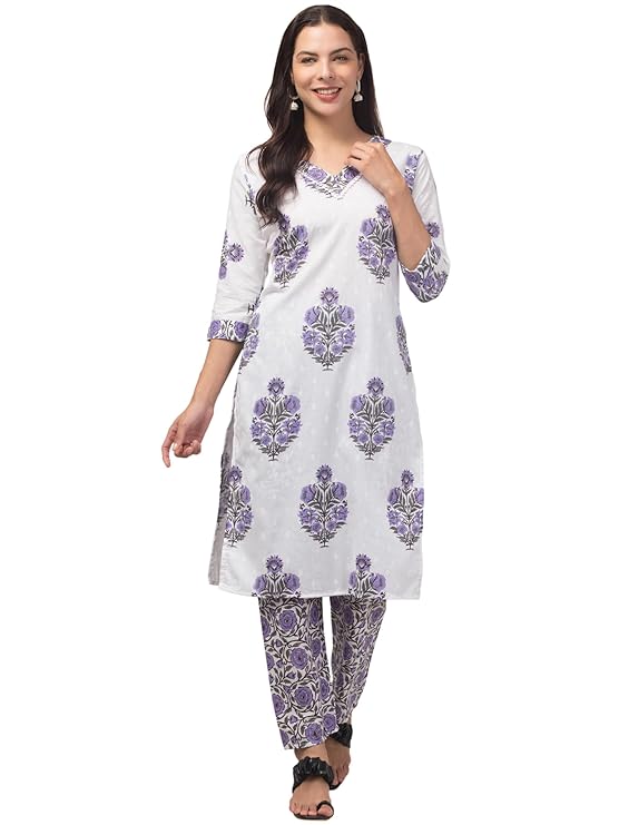 Malana Merino Girl/Women's Cotton Floral Print V - Neck 3 Pc Kurta Set (Demo)