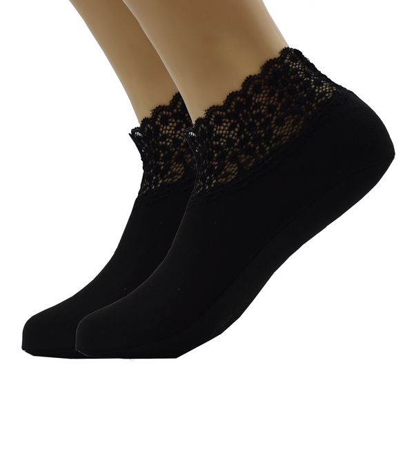 Malana Merino Black Colour Lace Warm Socks, No Show Socks, Lace Comfortable Thermal Cotton Ankle Boat Socks, Pop Invisible Socks with Non-slip Bases for Women Girls (Pack of 2)