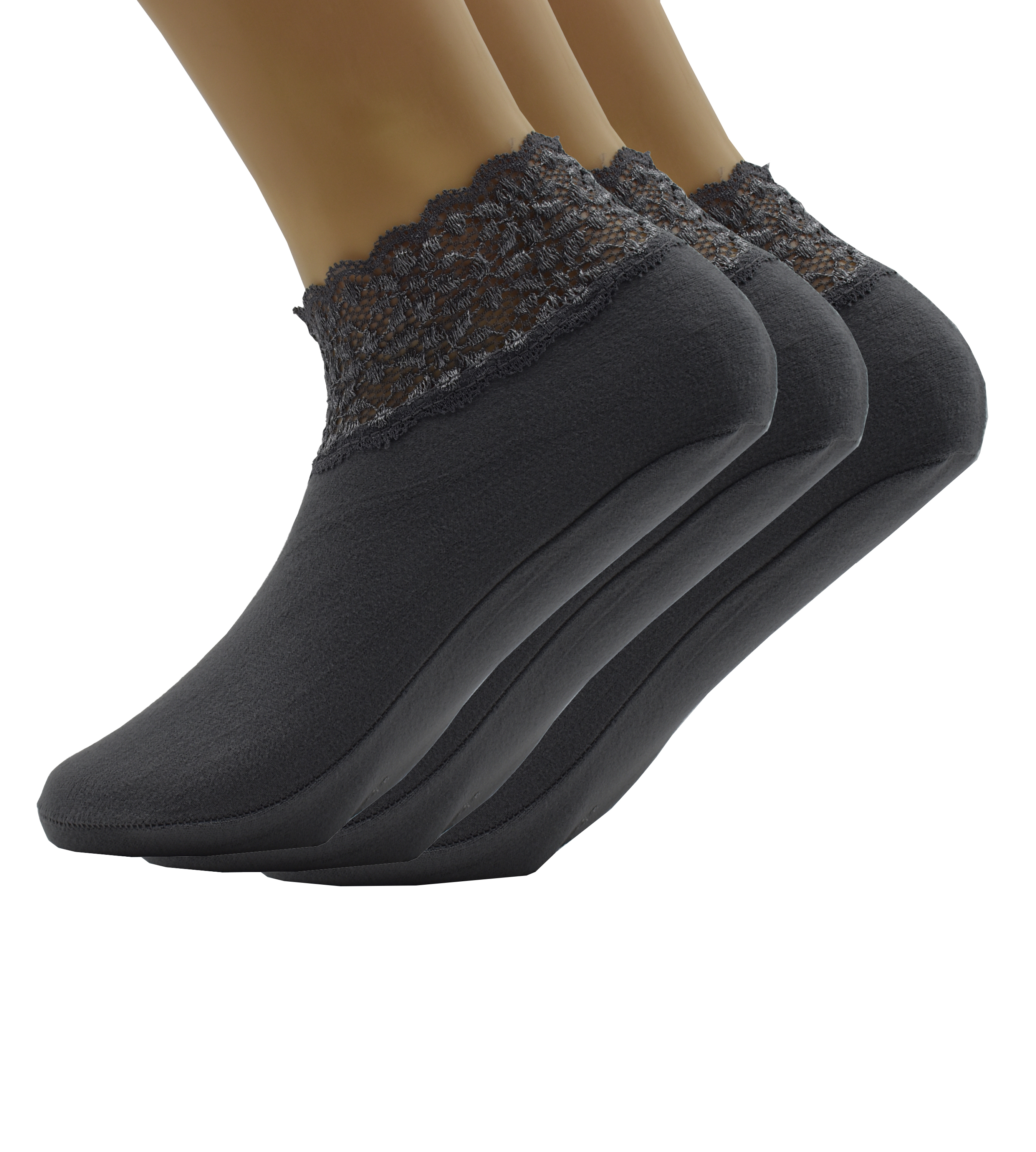 Malana Merino Grey Colour Lace Warm Socks, No Show Socks, Lace Comfortable Thermal Cotton Ankle Boat Socks, Pop Invisible Socks with Non-slip Bases for Women Girls (Pack of 3)