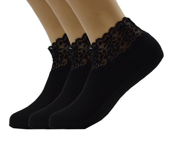 Malana Merino Black Colour Lace Warm Socks, No Show Socks, Lace Comfortable Thermal Cotton Ankle Boat Socks, Pop Invisible Socks with Non-slip Bases for Women Girls (Pack of 3)