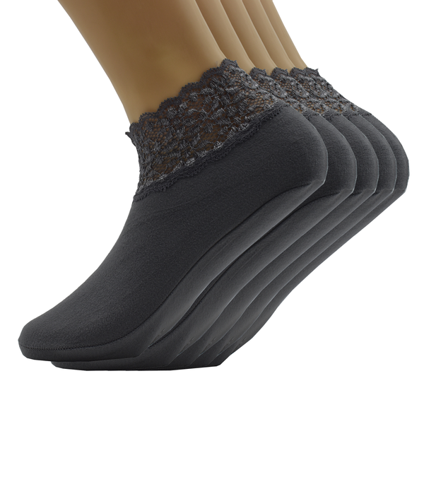 Malana Merino Grey Colour Lace Warm Socks, No Show Socks, Lace Comfortable Thermal Cotton Ankle Boat Socks, Pop Invisible Socks with Non-slip Bases for Women Girls (Pack of 5)
