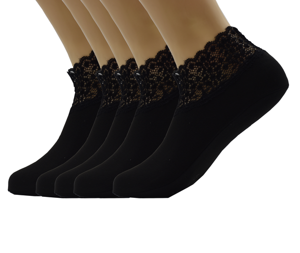 Malana Merino Black Colour Lace Warm Socks, No Show Socks, Lace Comfortable Thermal Cotton Ankle Boat Socks, Pop Invisible Socks with Non-slip Bases for Women Girls (Pack of 5)
