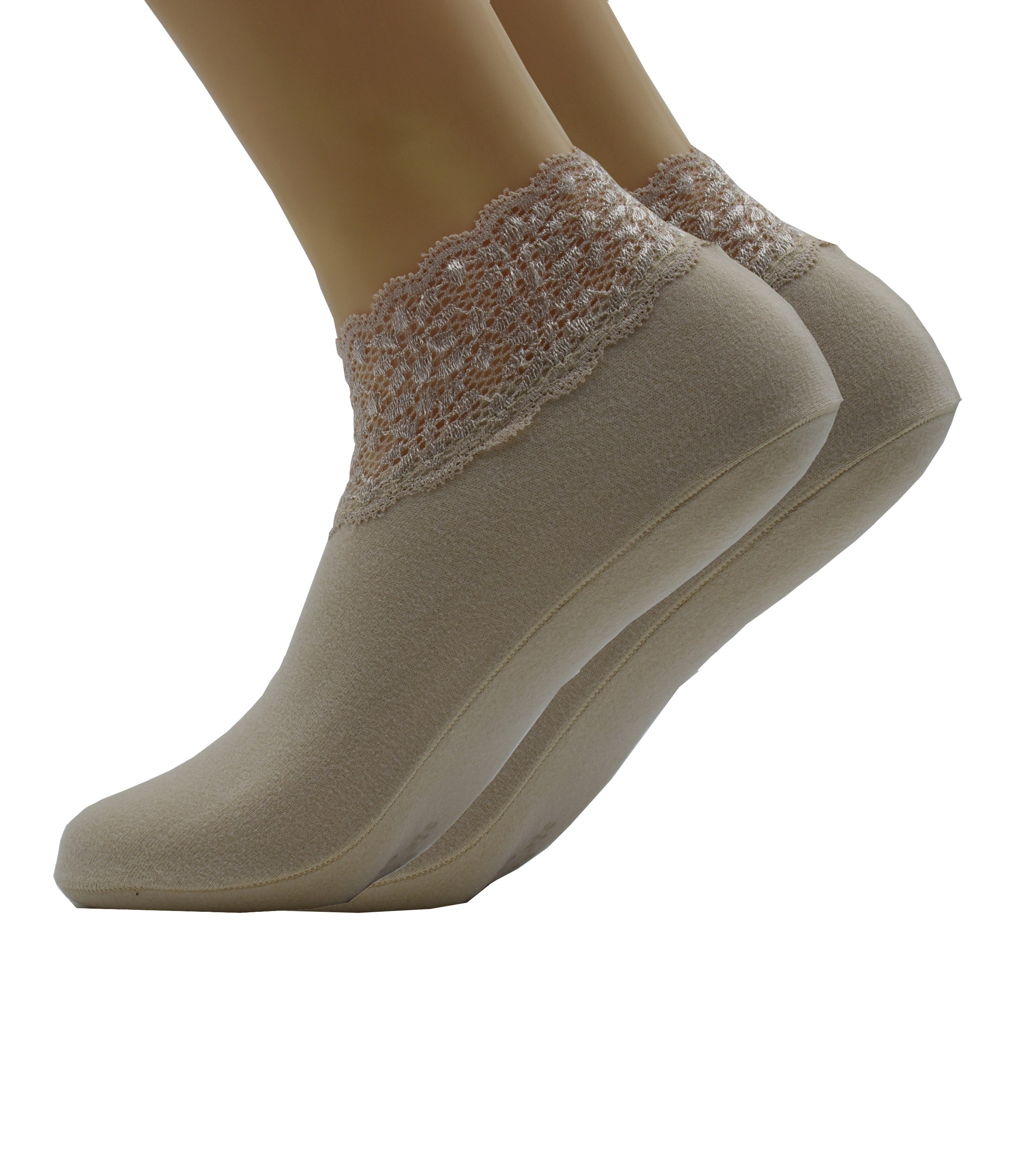 Malana Merino Cream Colour Lace Warm Socks, No Show Socks, Lace Comfortable Thermal Cotton Ankle Boat Socks, Pop Invisible Socks with Non-slip Bases for Women Girls (Pack of 2)