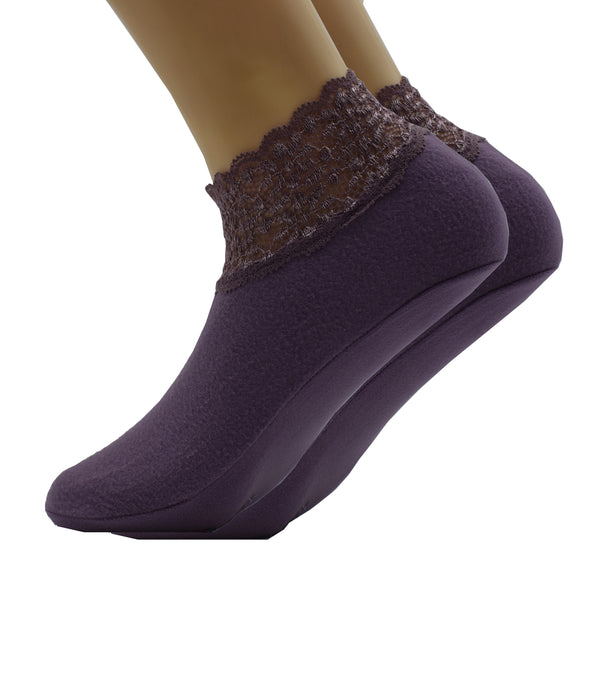 Malana Merino Purple Colour Lace Warm Socks, No Show Socks, Lace Comfortable Thermal Cotton Ankle Boat Socks, Pop Invisible Socks with Non-slip Bases for Women Girls (Pack of 2)