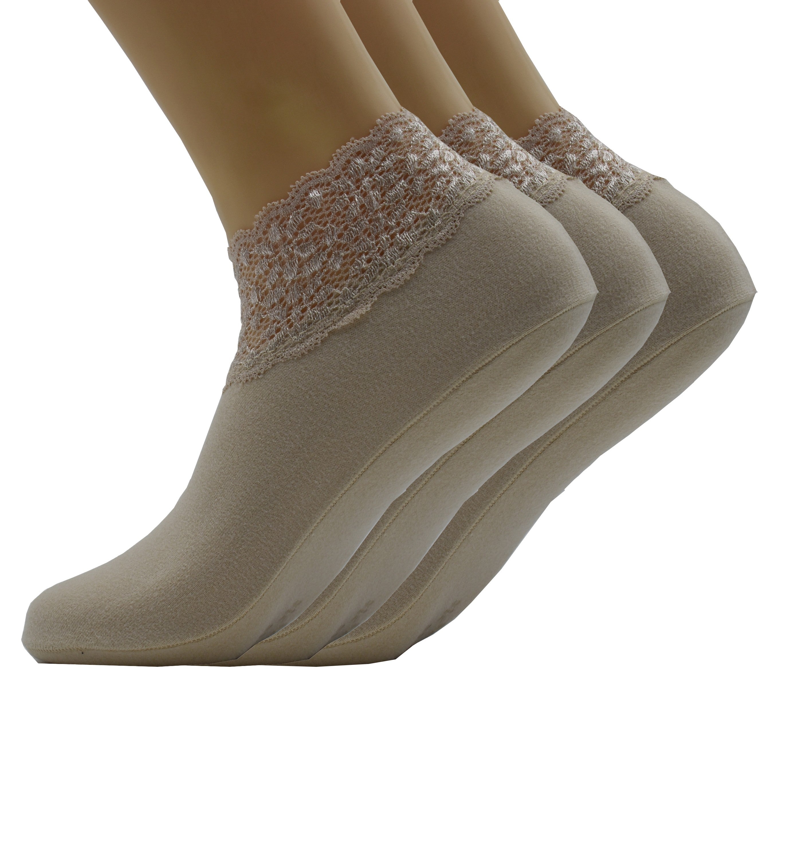 Malana Merino Cream Colour Lace Warm Socks, No Show Socks, Lace Comfortable Thermal Cotton Ankle Boat Socks, Pop Invisible Socks with Non-slip Bases for Women Girls (Pack of 3)