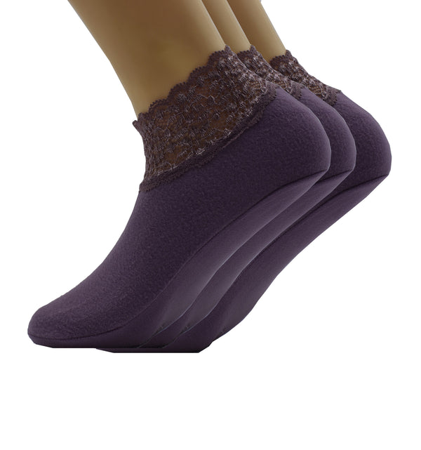 Malana Merino Purple Colour Lace Warm Socks, No Show Socks, Lace Comfortable Thermal Cotton Ankle Boat Socks, Pop Invisible Socks with Non-slip Bases for Women Girls (Pack of 3)