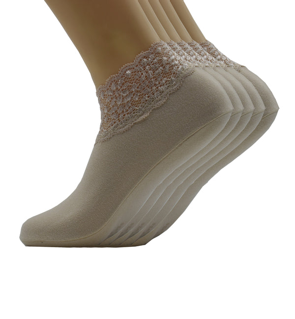 Malana Merino Cream Colour Lace Warm Socks, No Show Socks, Lace Comfortable Thermal Cotton Ankle Boat Socks, Pop Invisible Socks with Non-slip Bases for Women Girls (Pack of 5)