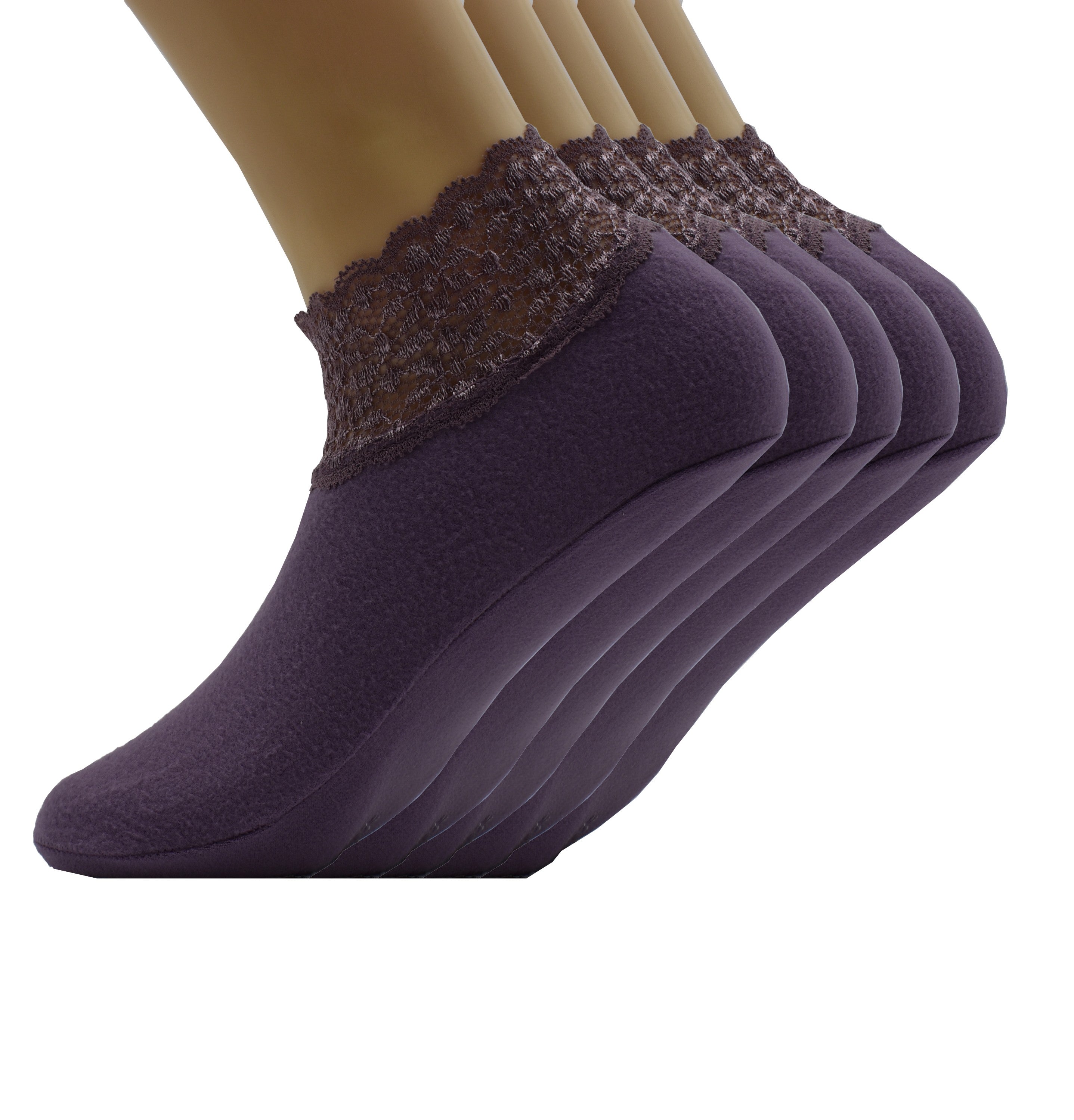 Malana Merino Purple Colour Lace Warm Socks, No Show Socks, Lace Comfortable Thermal Cotton Ankle Boat Socks, Pop Invisible Socks with Non-slip Bases for Women Girls (Pack of 5)
