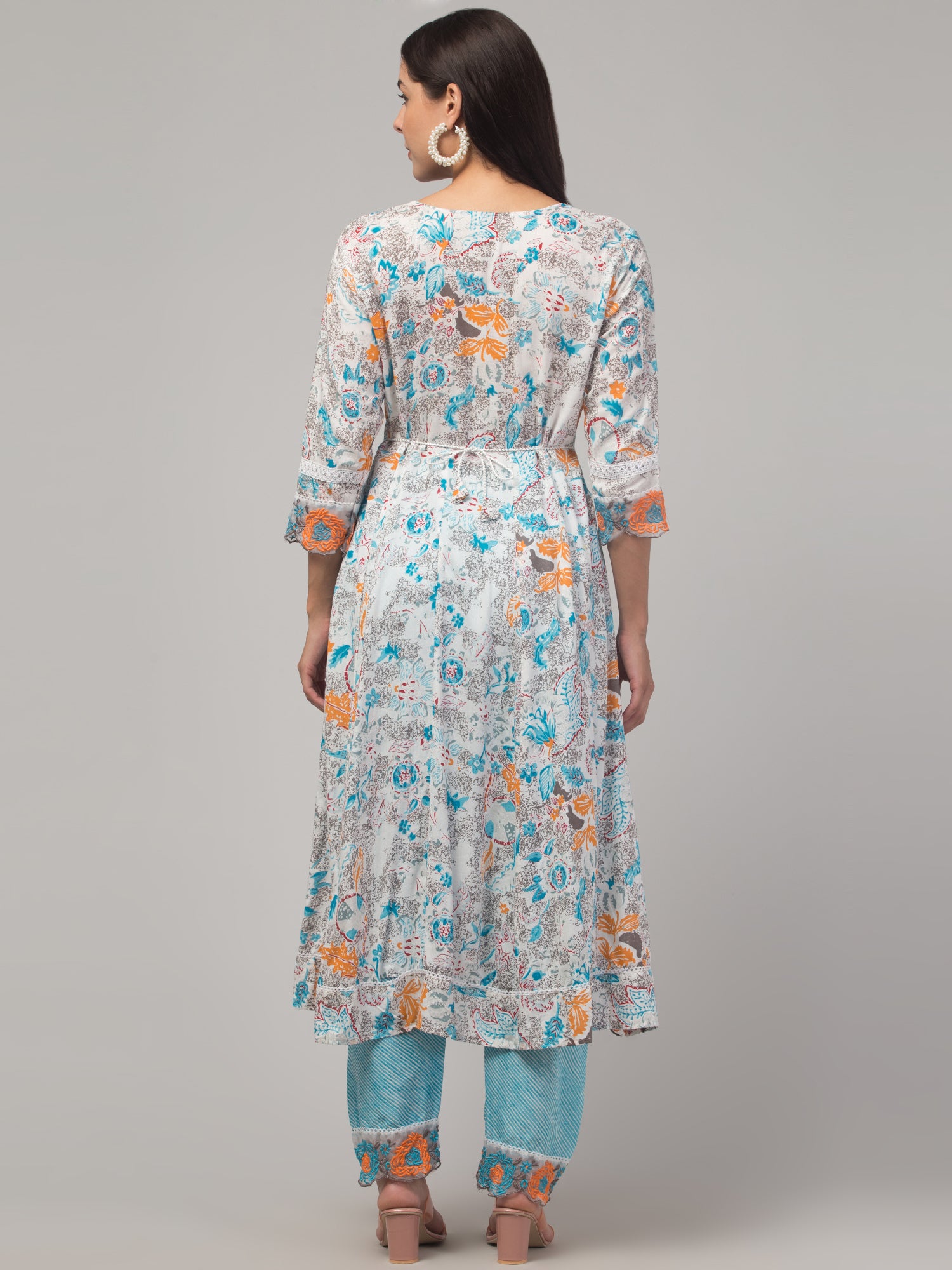 Malana Merino Girl / Women's Organza Blue and White 3 Pc Round Neck Kurta Set