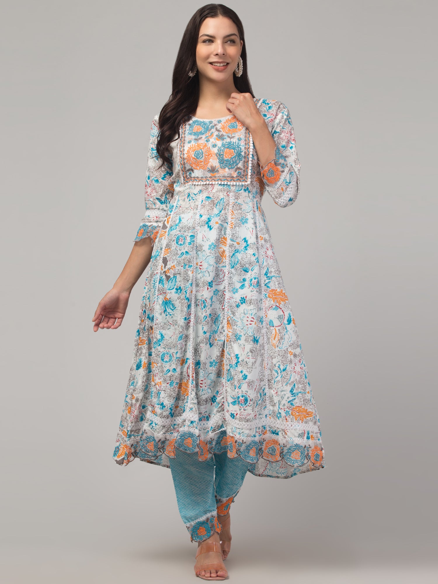 Malana Merino Girl / Women's Organza Blue and White 3 Pc Round Neck Kurta Set