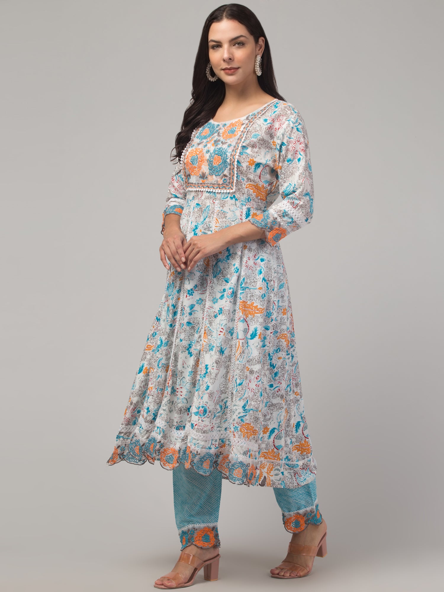Malana Merino Girl / Women's Organza Blue and White 3 Pc Round Neck Kurta Set