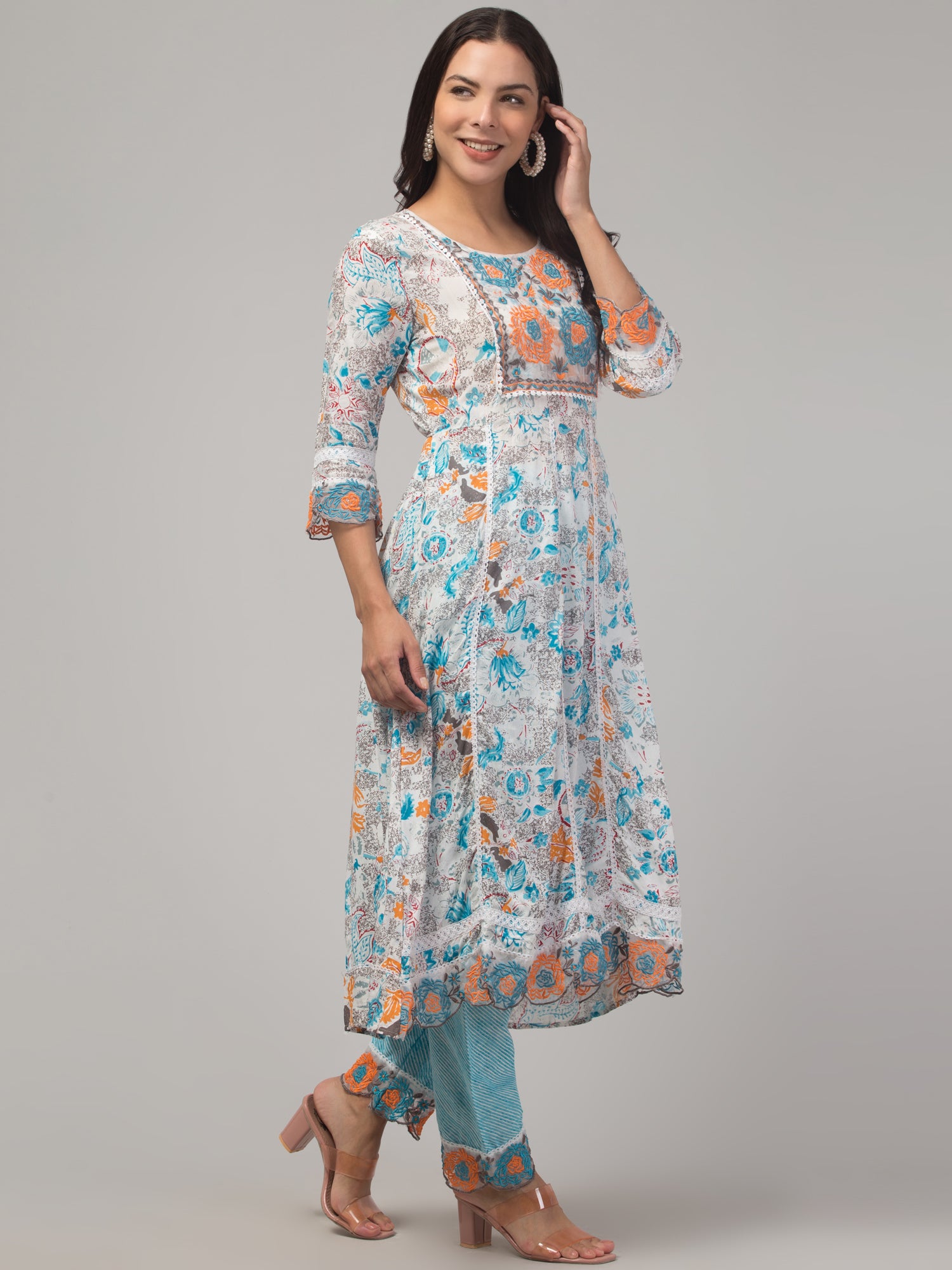 Malana Merino Girl / Women's Organza Blue and White 3 Pc Round Neck Kurta Set