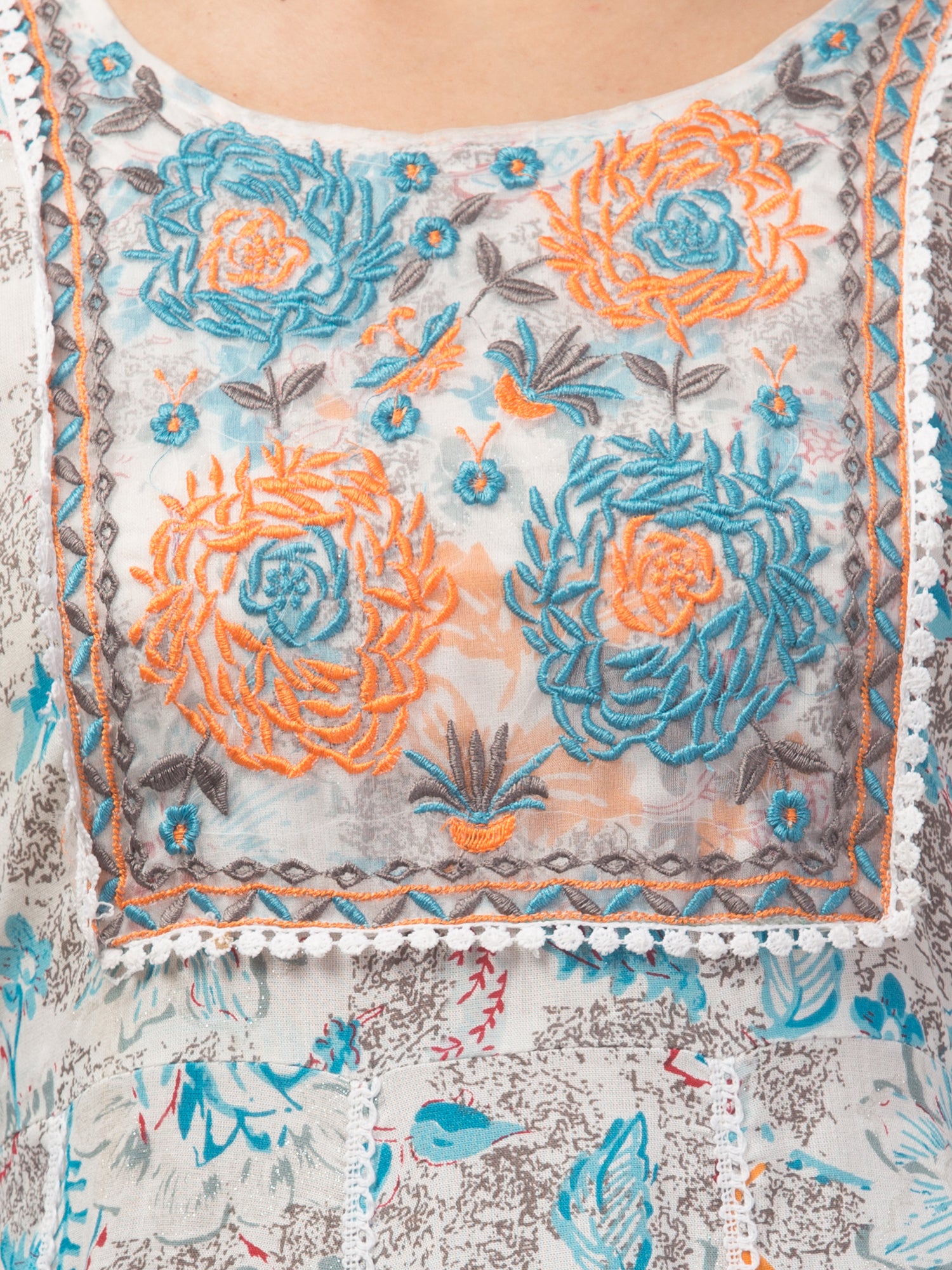 Malana Merino Girl / Women's Organza Blue and White 3 Pc Round Neck Kurta Set