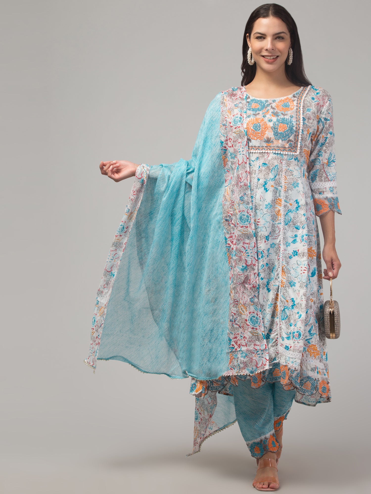 Malana Merino Girl / Women's Organza Blue and White 3 Pc Round Neck Kurta Set