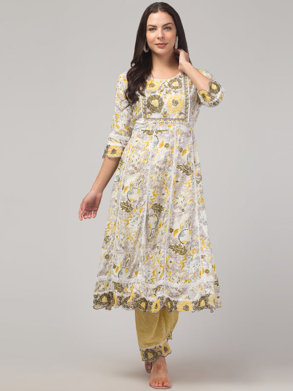 Malana Merino Girl / Women's Organza Yellow and White 3 Pc Round Neck Kurta Set