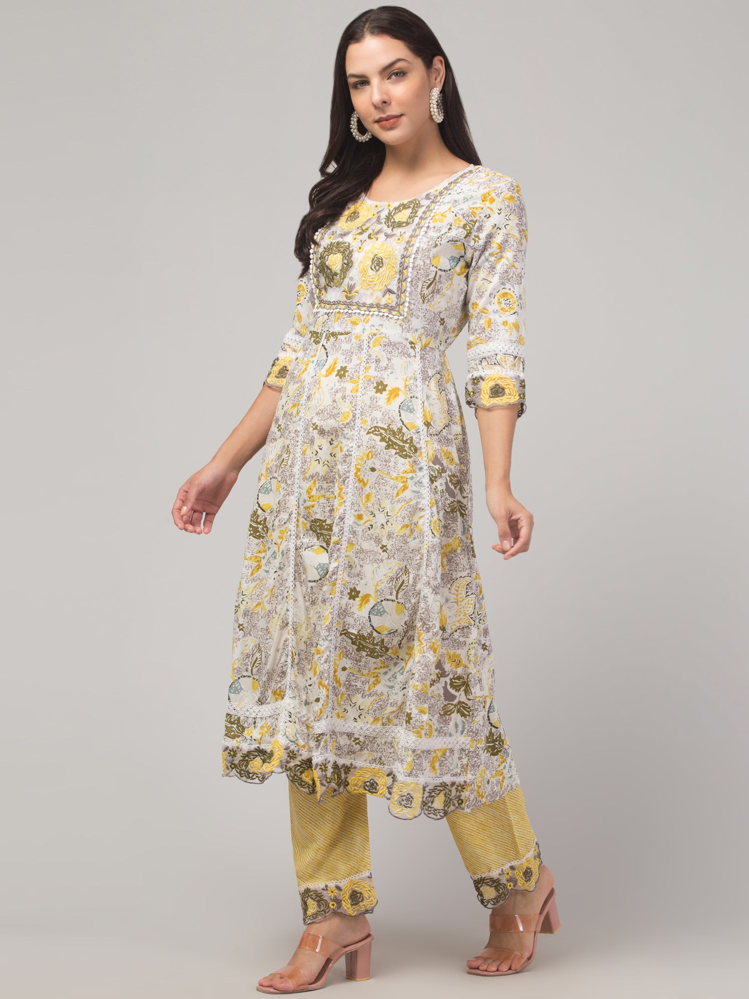 Malana Merino Girl / Women's Organza Yellow and White 3 Pc Round Neck Kurta Set