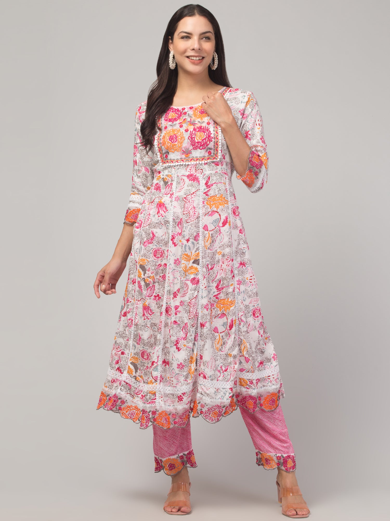 Malana Merino Girl / Women's Organza Pink and White 3 Pc Round Neck Kurta Set