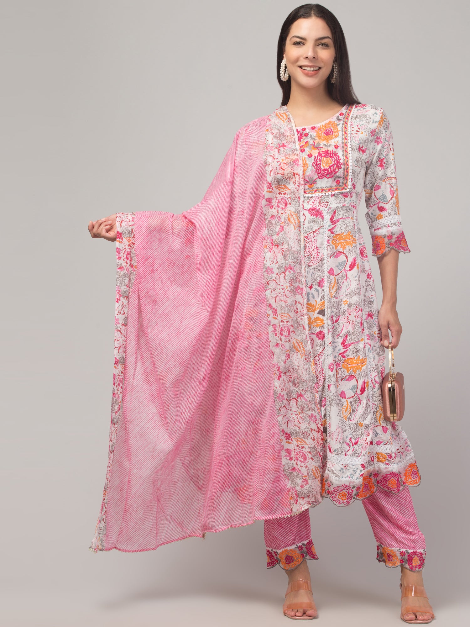 Malana Merino Girl / Women's Organza Pink and White 3 Pc Round Neck Kurta Set