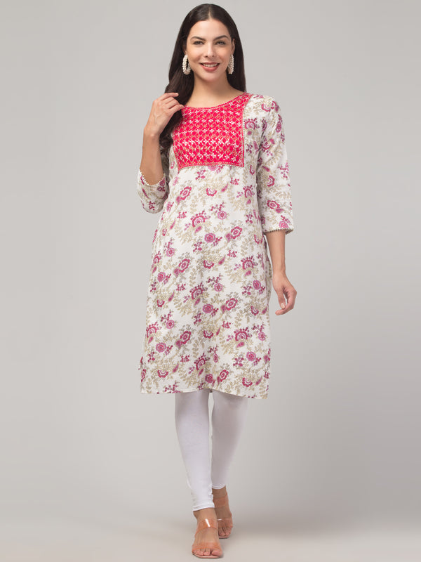 Malana Merino Girl / Women's Rayon Floral Print Pink and Cream Straight  Kurta