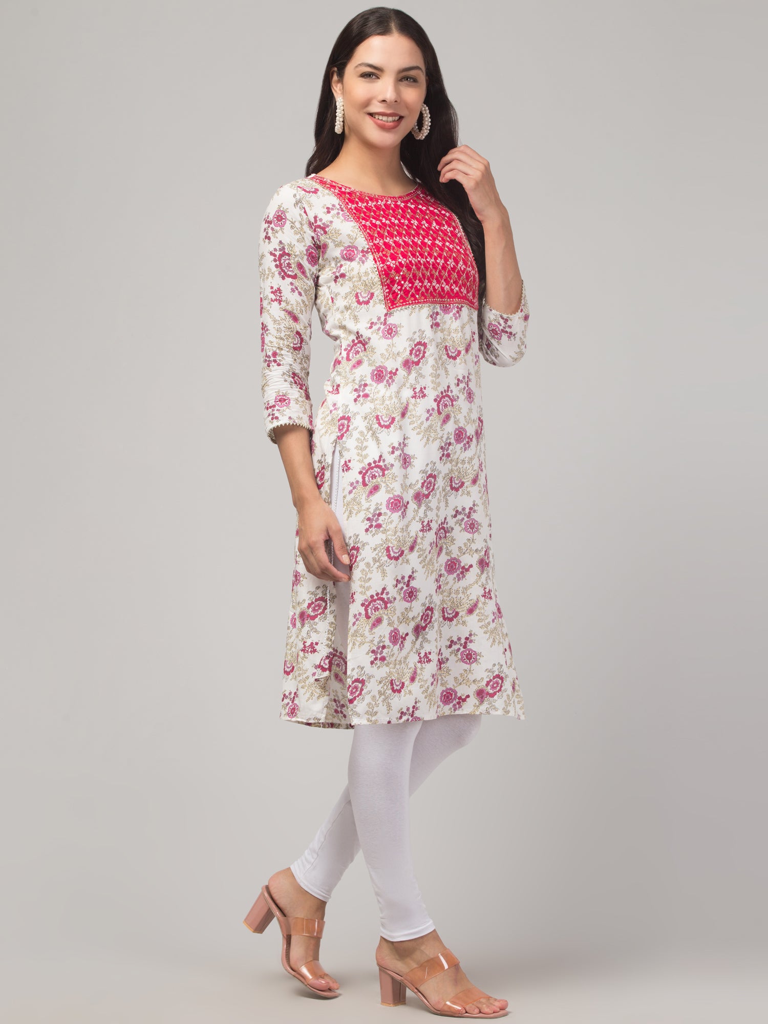 Malana Merino Girl / Women's Rayon Floral Print Pink and Cream Straight  Kurta