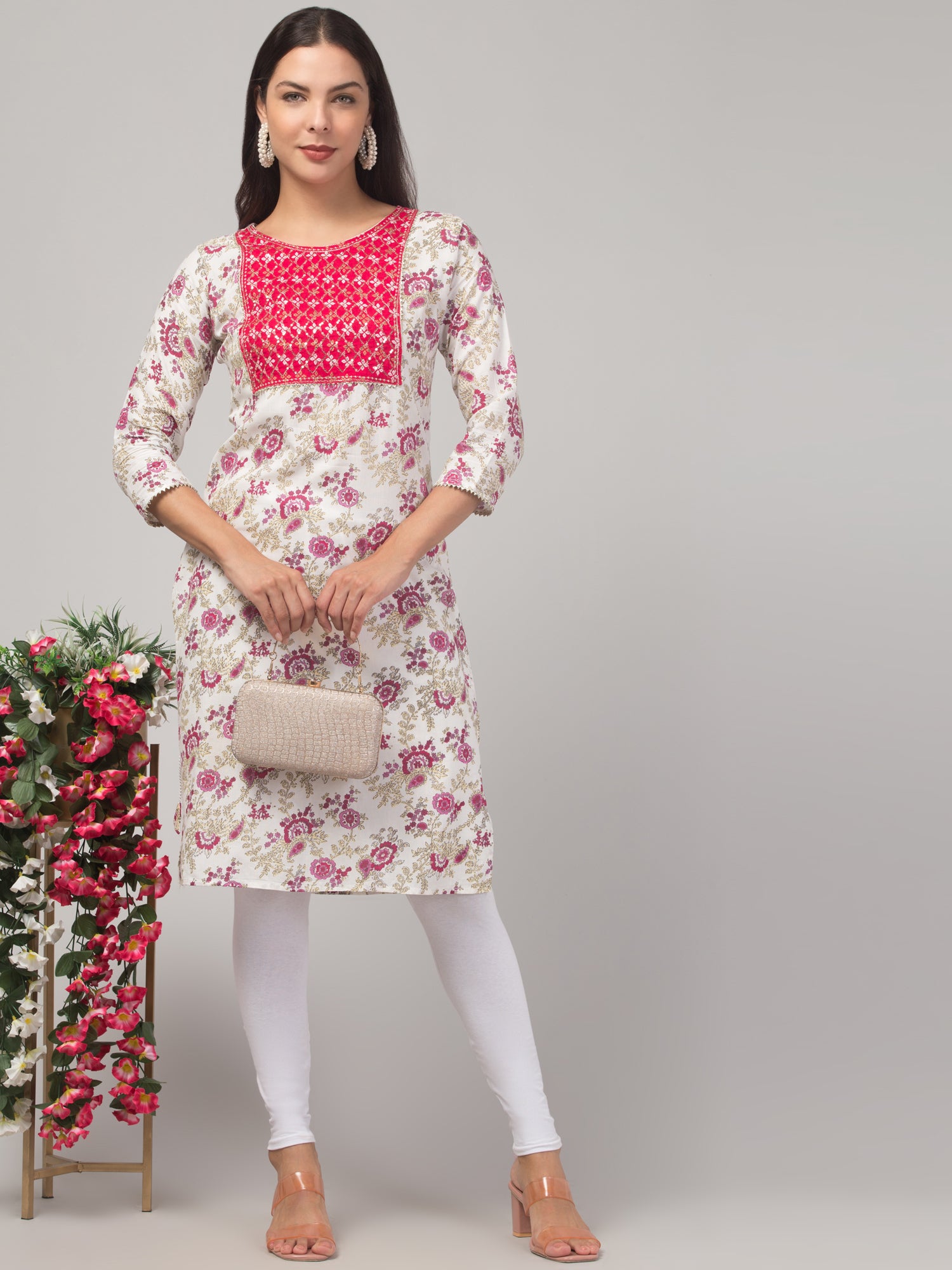 Malana Merino Girl / Women's Rayon Floral Print Pink and Cream Straight  Kurta