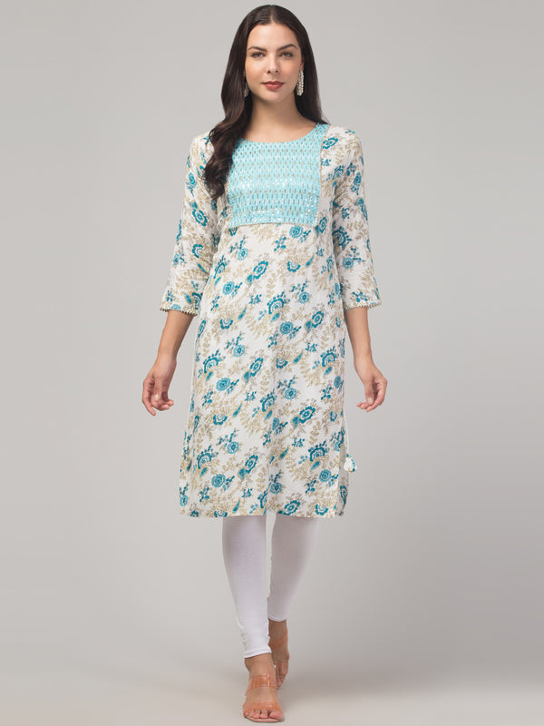 Malana Merino Girl / Women's Rayon Floral Print Blue and White Straight  Kurta