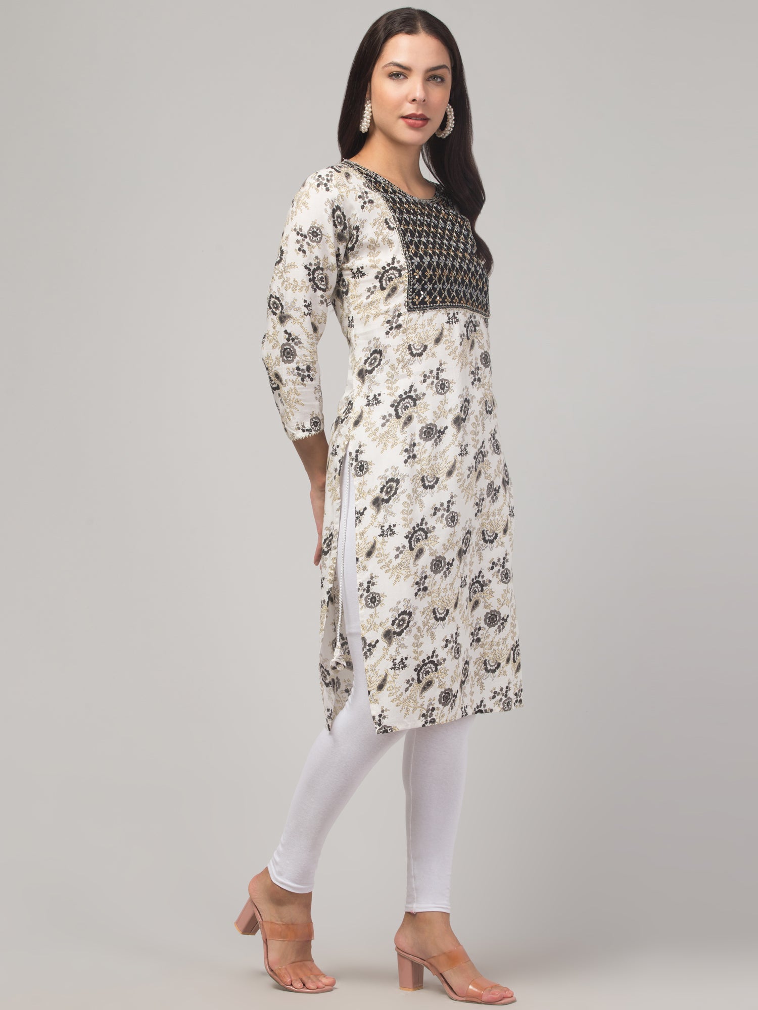 Malana Merino Girl / Women's Rayon Floral Print Black and White Straight  Kurta
