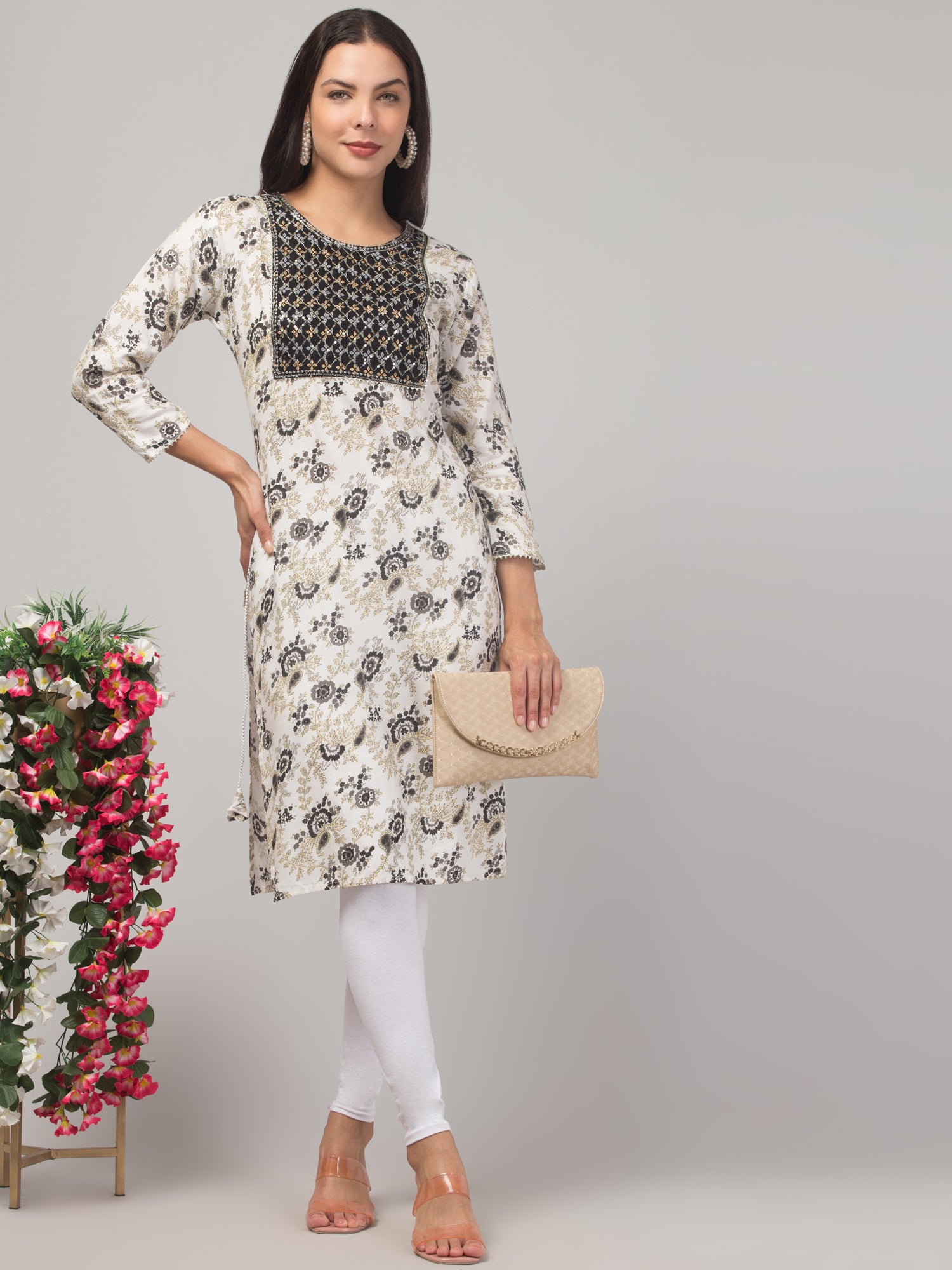 Malana Merino Girl / Women's Rayon Floral Print Black and White Straight  Kurta