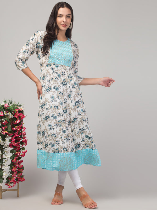 Malana Merino Girl / Women's Rayon Flower Print Blue & White  Anarkali Kurta