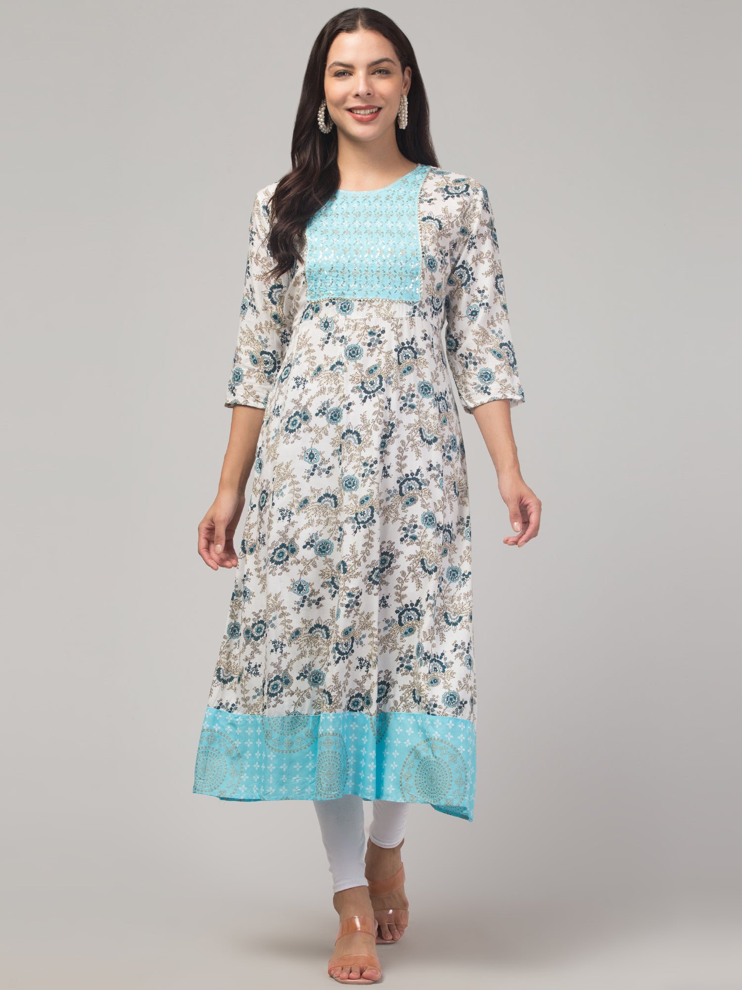 Malana Merino Girl / Women's Rayon Flower Print Blue & White  Anarkali Kurta