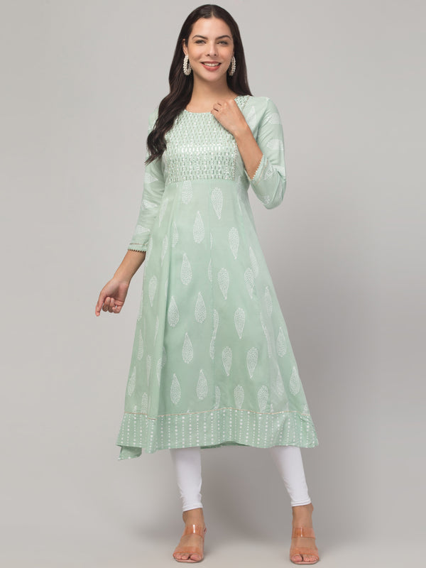 Malana Merino Girl / Women's Rayon Printed Pista Green Anarkali Kurta