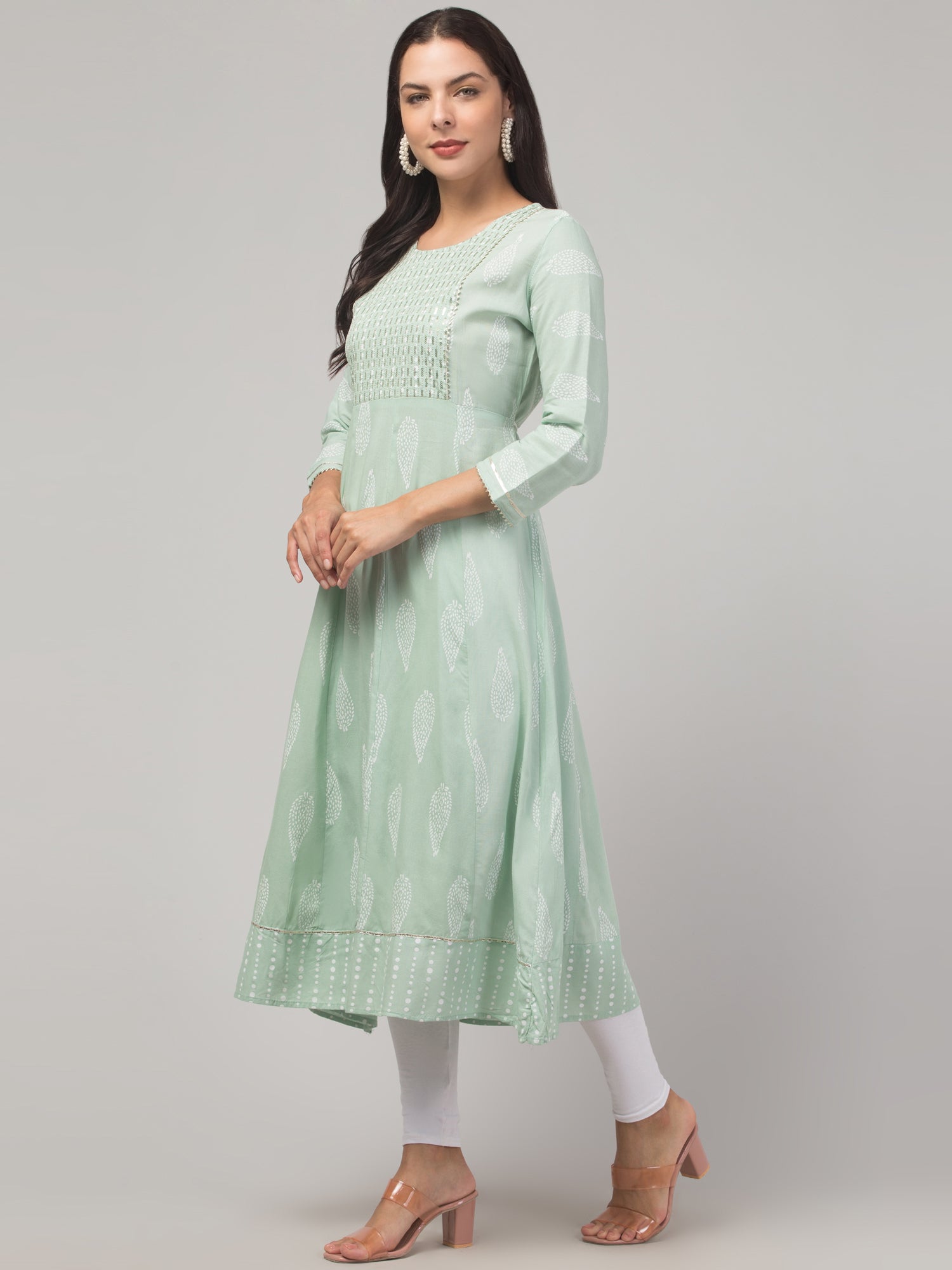 Malana Merino Girl / Women's Rayon Printed Pista Green Anarkali Kurta