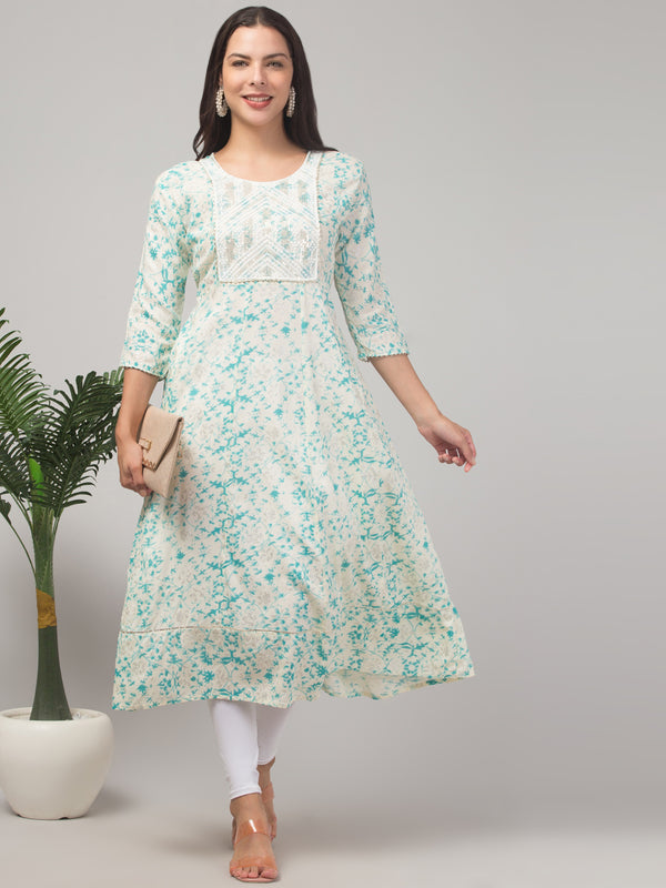 Malana Merino Girl / Women's Rayon Printed Cream Anarkali Kurta