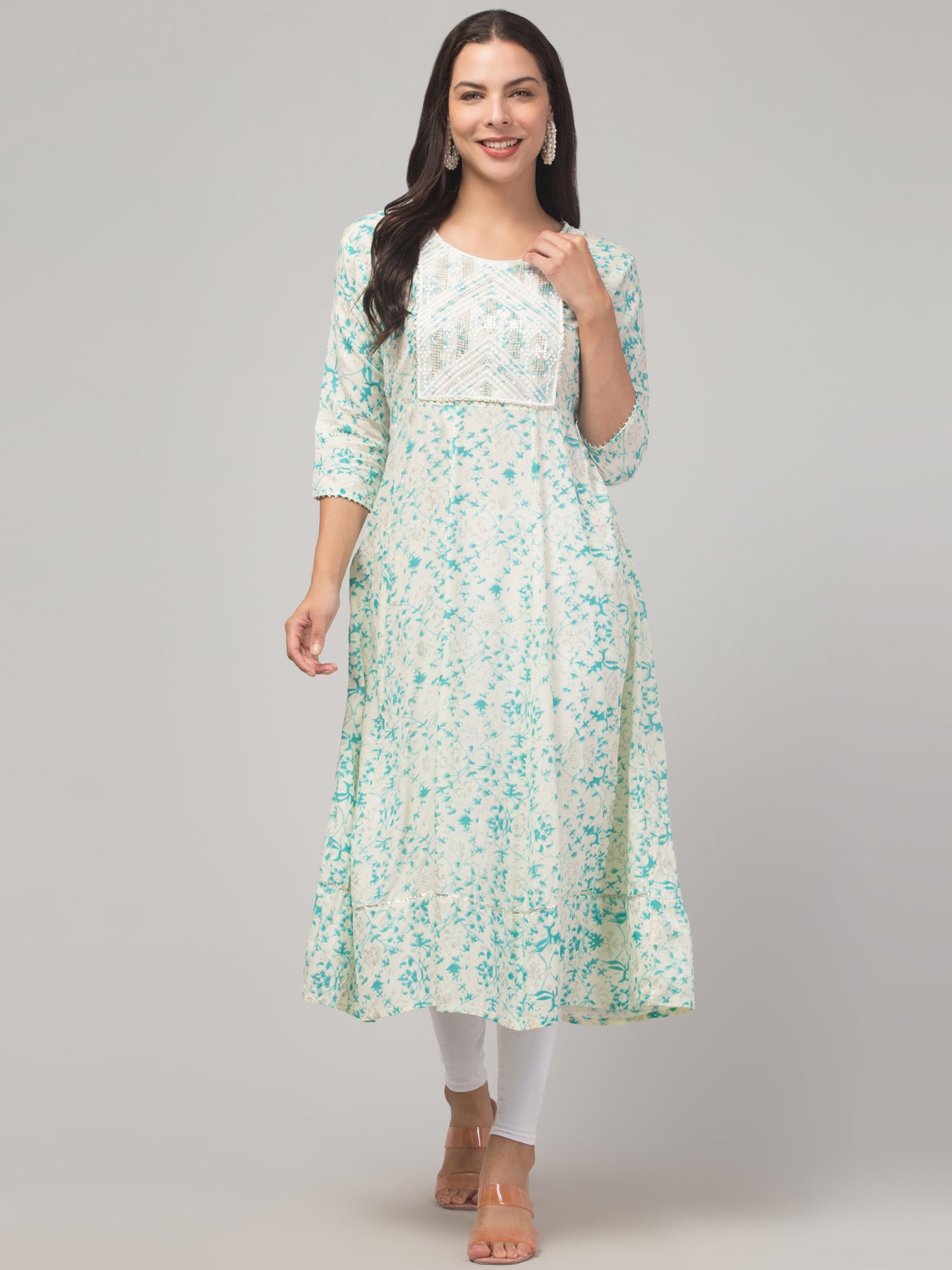 Malana Merino Girl / Women's Rayon Printed Cream Anarkali Kurta